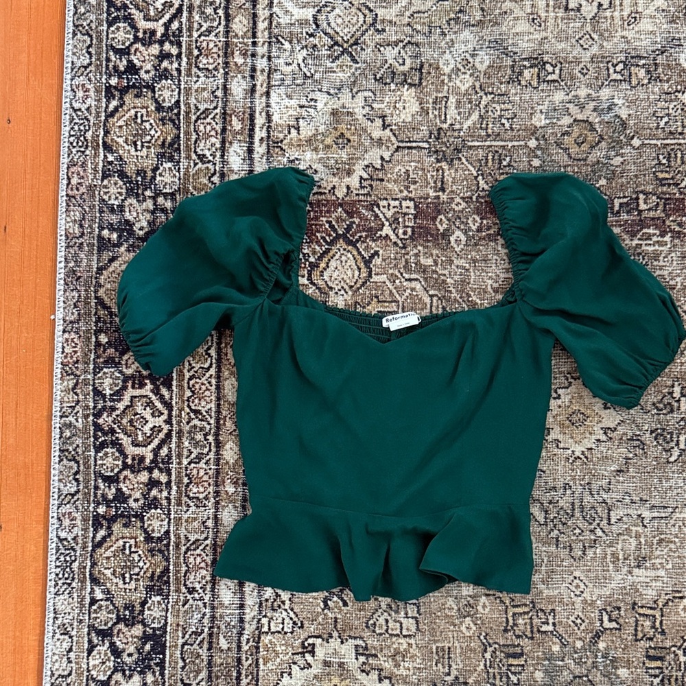 Reformation Puff Sleeve Peplum Top in Deep Green - Women's